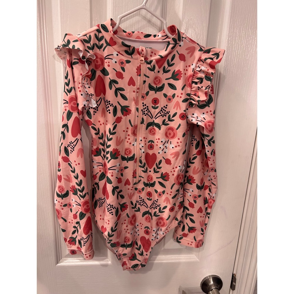 Tiny Tribe One‎ Piece Swimsuit Pink Floral Heart Ruffle Rash Guard Swimwear 7